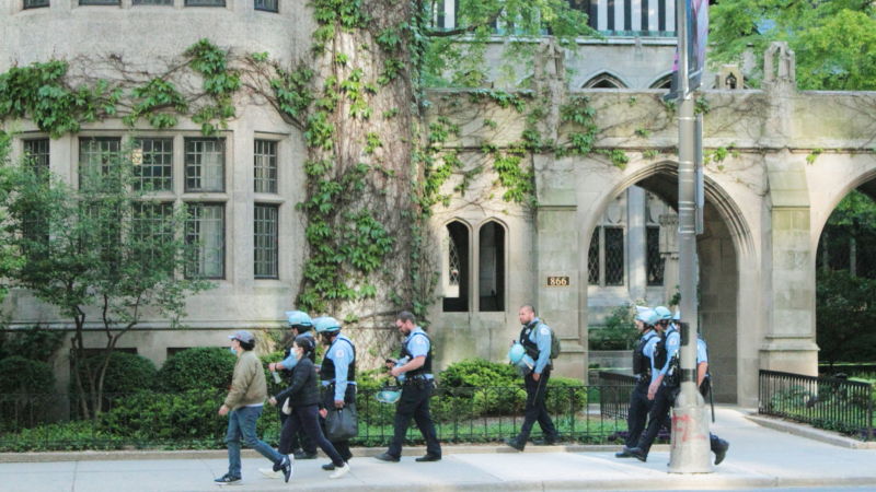 Police patrol Michigan Ave. the day after protest